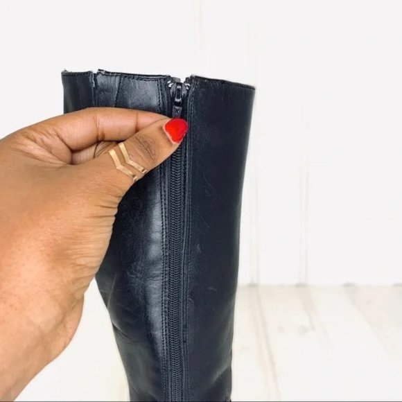 VINTAGE KNEE HIGH BLACK THICK LEATHER CHUNKY PLATFORM HEELS BOOTS SIDE ZIPPER - Picture 12 of 14